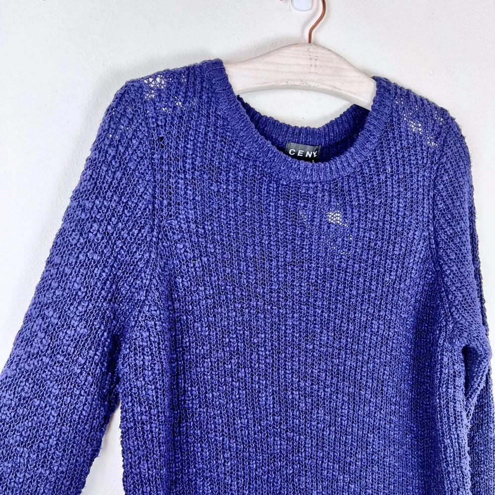 Ceny Womens Blue Open Knit Crew Neck Long Sleeve Sweater - Picture 5 of 6